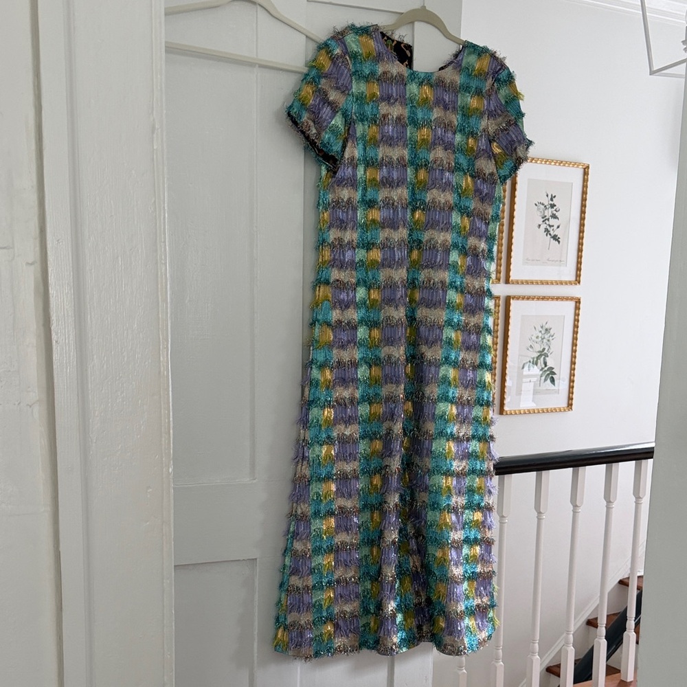 LA DoubleJ Multicolor Fringe Tweed Midi Dress in Teal, Yellow, Lavender, Black